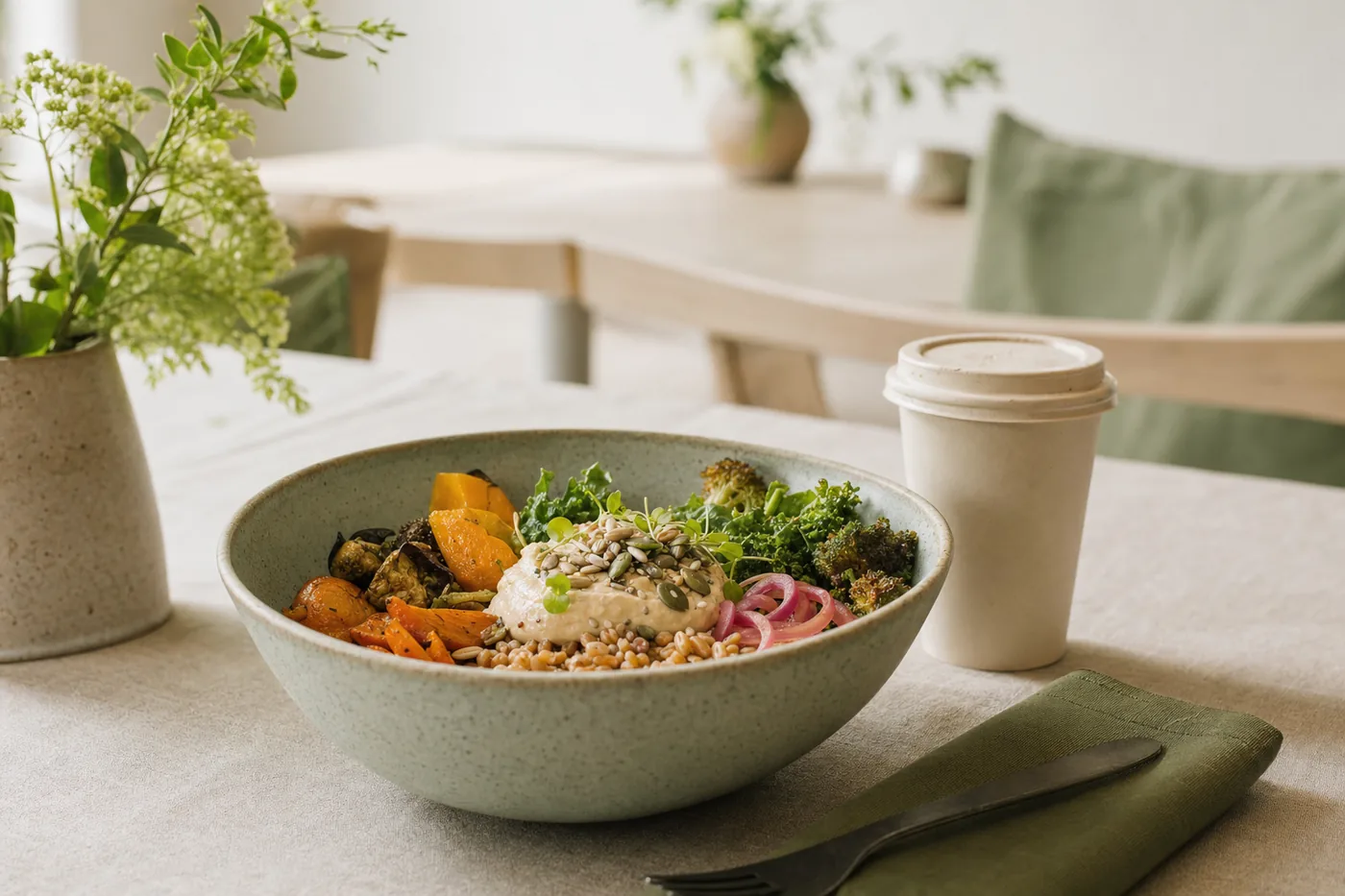Garden Bowl mit Dinkel, Ofengemüse und Hummus zum Mitnehmen