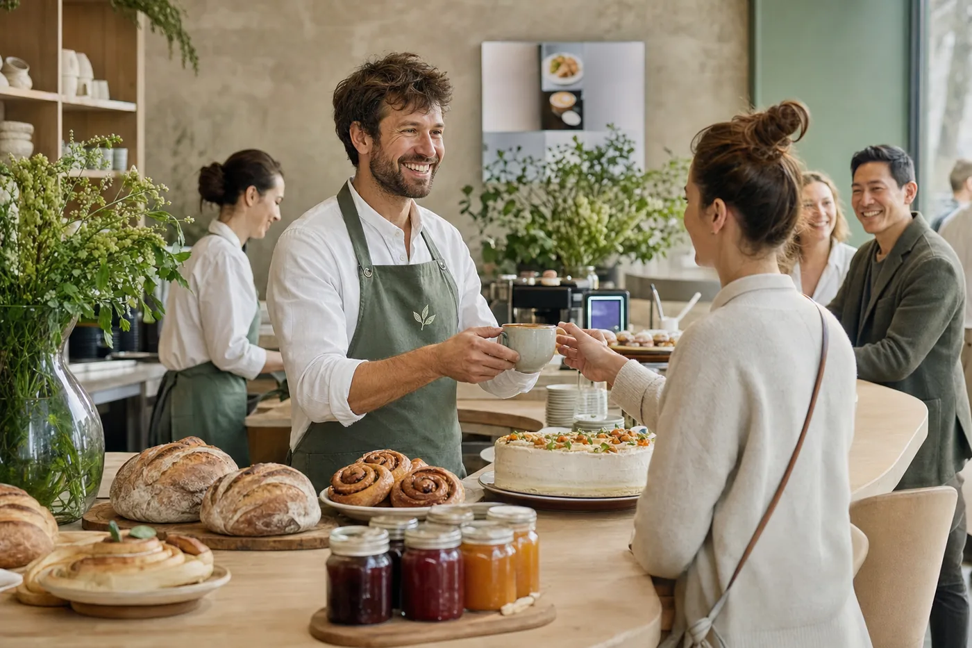 Café-Theke am Morgen, die Barista reicht einen Cappuccino
