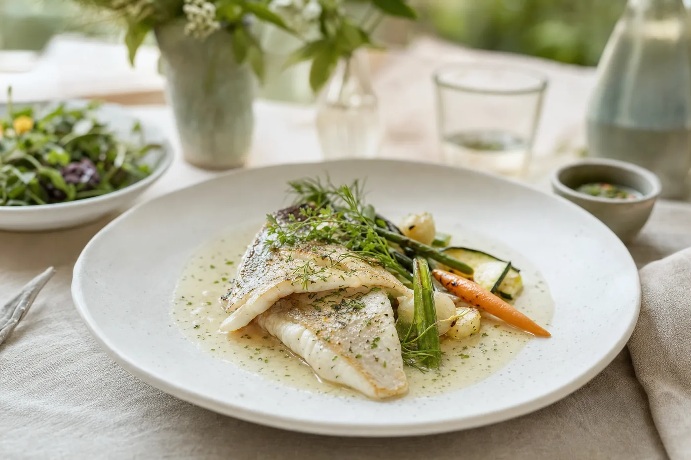 Felchenfilets mit Kräuter-Beurre-blanc und Gartengemüse