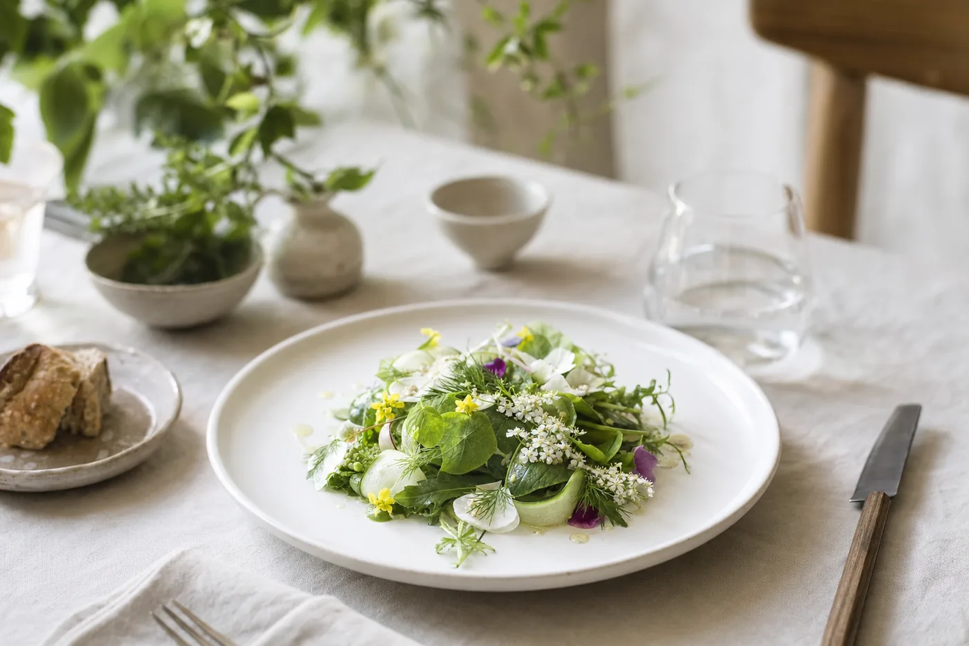 Gartensalat mit Kräutern und essbaren Blüten