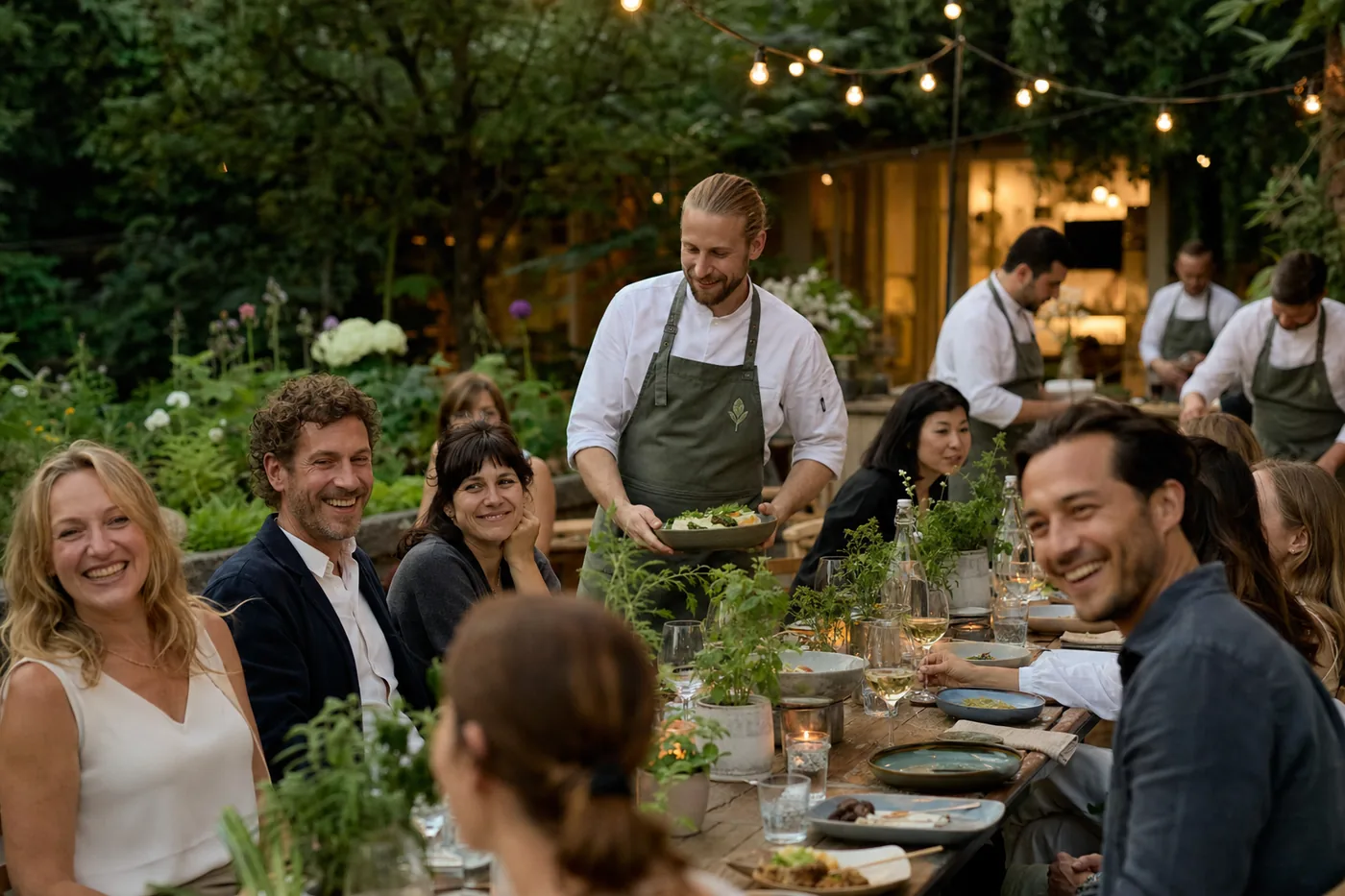 Lange Tafel im Sommergarten in der Dämmerung