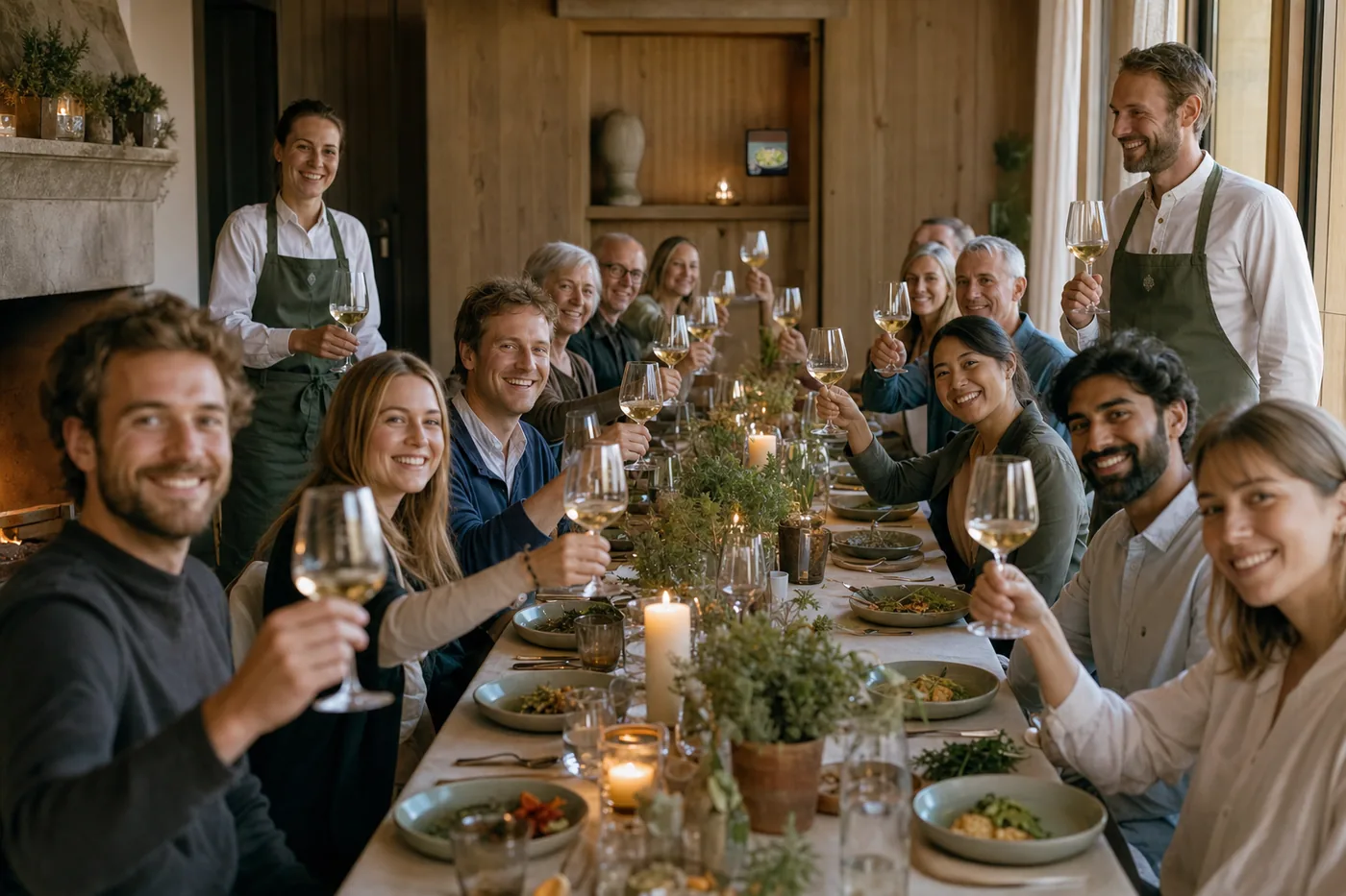 Private Dining im Salon, eine Gruppe stösst an