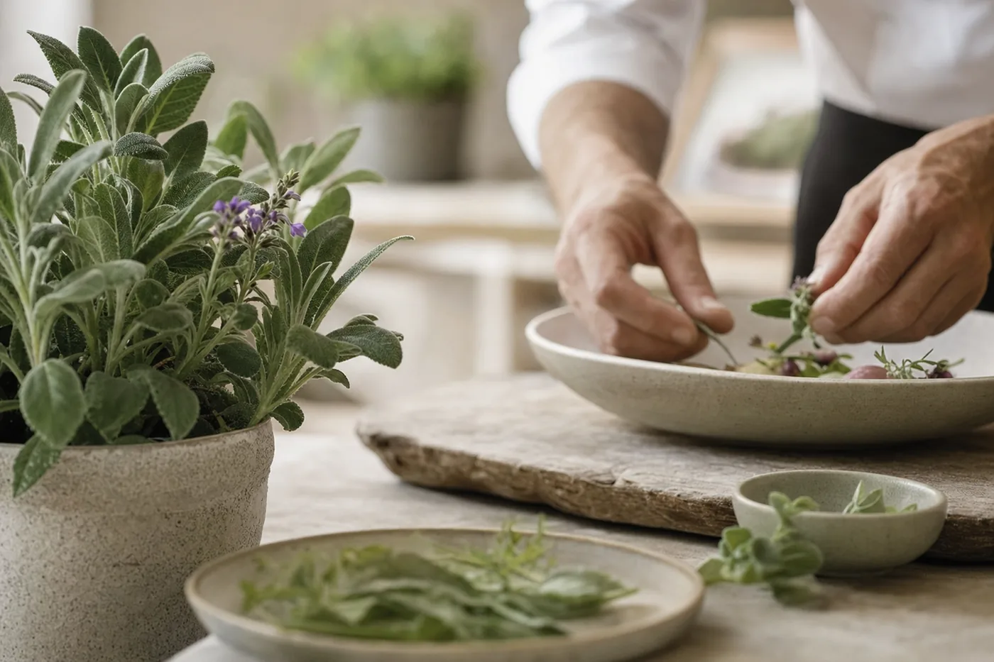 Salbeiblätter mit Morgentau und violetten Blüten