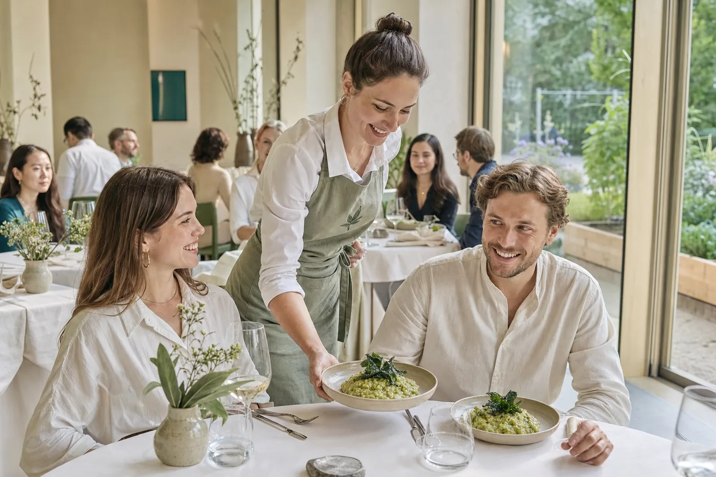 Eine Kellnerin serviert einem Paar Risotto mit knusprigem Salbei, dahinter der Kräutergarten