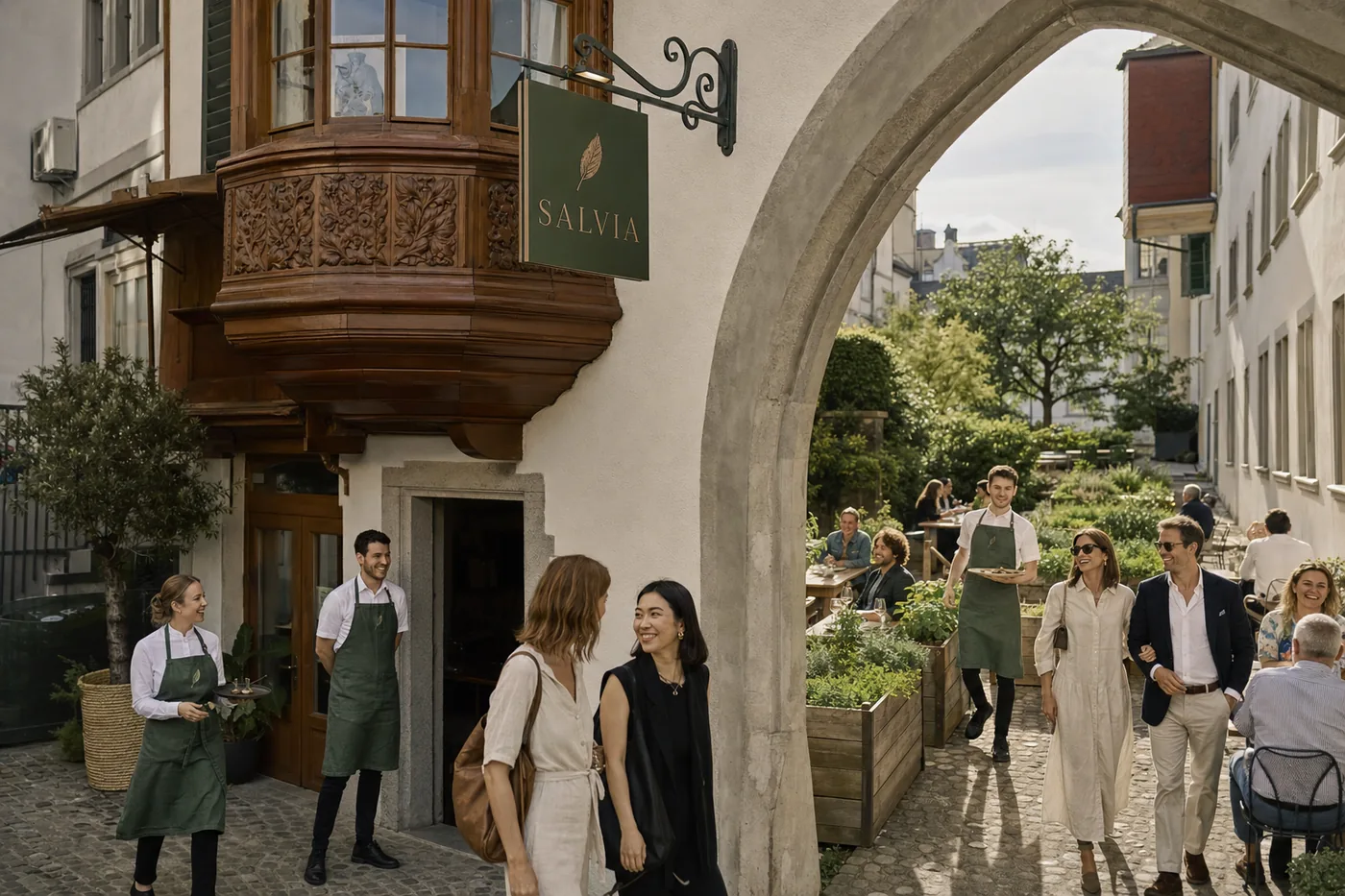 Altstadthaus mit Erker in St. Gallen, durch das Tor der Kräuterhof