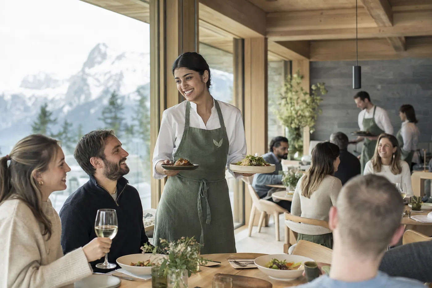 Reisende beim Abendessen vor dem Panoramafenster